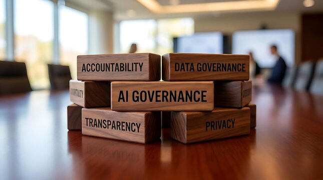 AI governance concept with wooden blocks on conference table