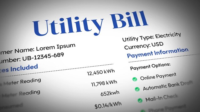 Utility bill template with electricity usage and payment options, modern design 4k animation.