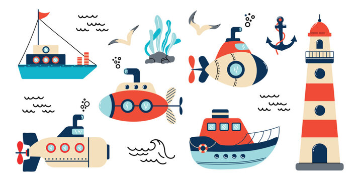 Colorful nautical marine collection featuring submarines, boat, sailboat, lighthouse, anchor, seagulls, ocean waves, bubbles, and sea plants isolated on white background