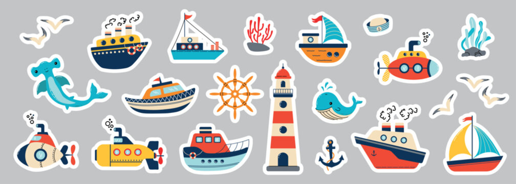 Colorful Marine Sticker Collection with Ships Whale and Submarines