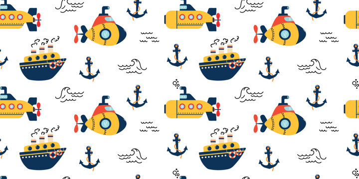 Seamless nautical pattern with colorful submarines, steamships, anchors and ocean waves on a clean white background.