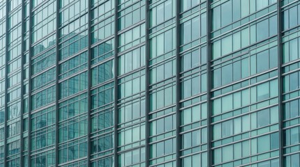 Obraz premium Modern glass skyscraper facade with repetitive architectural patterns and blue tones of a corporate office building exterior