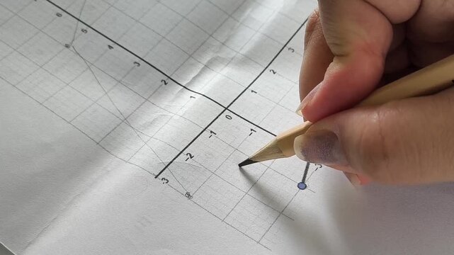 Student plotting points on a mathematical function graph, mathematics lesson, coordinate plane, geometry and education concept.