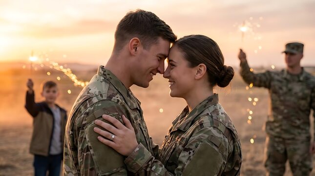 Military couple embracing at sunset with sparklers