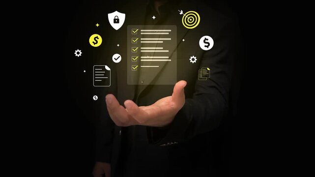 Businessman hand holding digital checklist with magnifying glass, dollar signs, and security symbols. 4k animation. glowing yellow light and signs