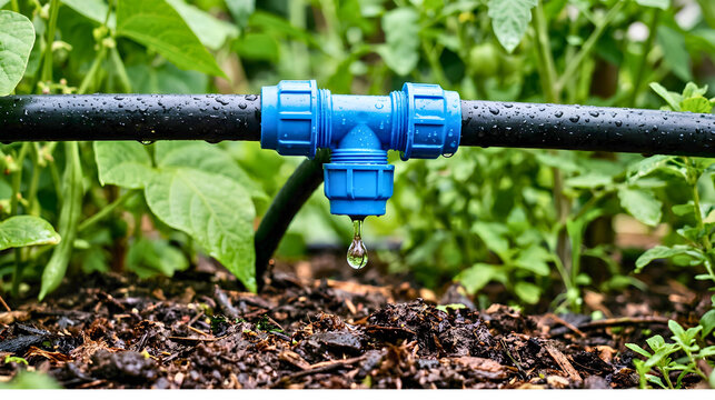 Photorealistic macro photograph of a black irrigation pipe extending horizontally across the upper third of the frame, fitted with a vibrant blue plastic connector, 