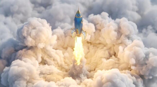 Blue and gold rocket ascending through clouds