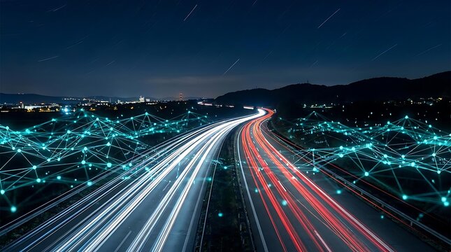 Night highway with light trail and digital network connection