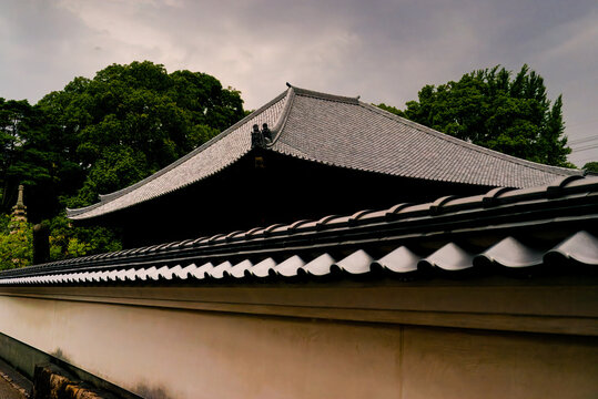 Traditional Japanese Temple Roof with Curved Kawara Tiles