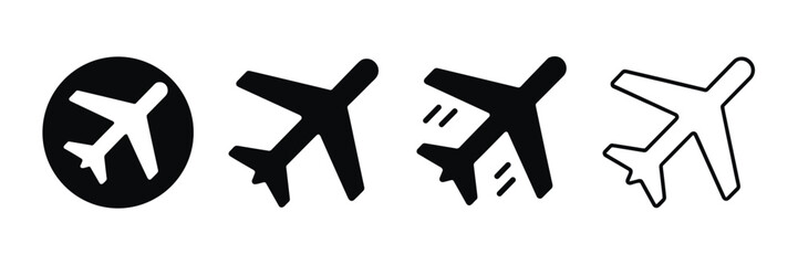 Collection of airplane and flight symbols in black and white styles with solid and outline travel © Sabina