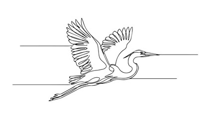 Naklejka premium Continuous line art flying heron vector illustration minimalist wild bird flight icon