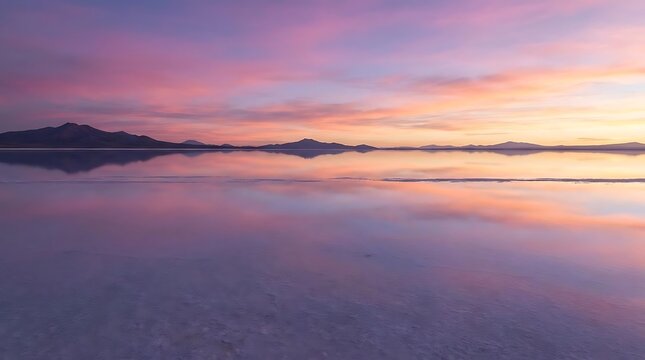 Pink sunset sky reflected in salt flat with mountains