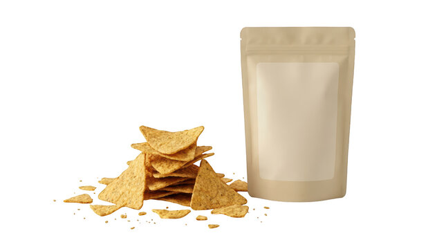 Tortilla chips pile and blank pouch packaging isolated on transparent background