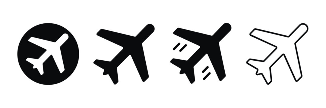 Collection of airplane and flight symbols in black and white styles with solid and outline travel