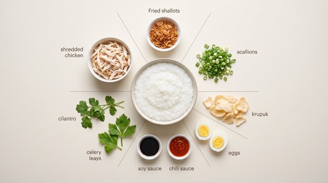 Organized overhead layout of Indonesian chicken porridge ingredients, ideal for culinary education, recipe content, food magazines, and restaurant marketing.