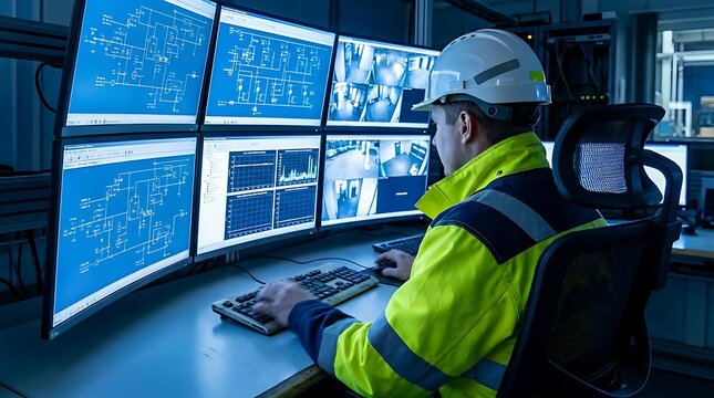 Operator monitoring technical screen in control room