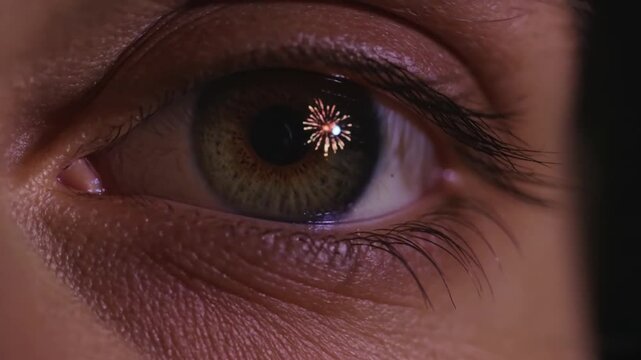 Extreme macro close-up of a human eye reflecting colorful fireworks exploding in the pupil