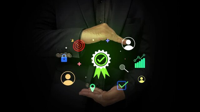 Businessman presenting digital badge for success, security, and growth with check mark badge. professional achievement concept. 4k animation.