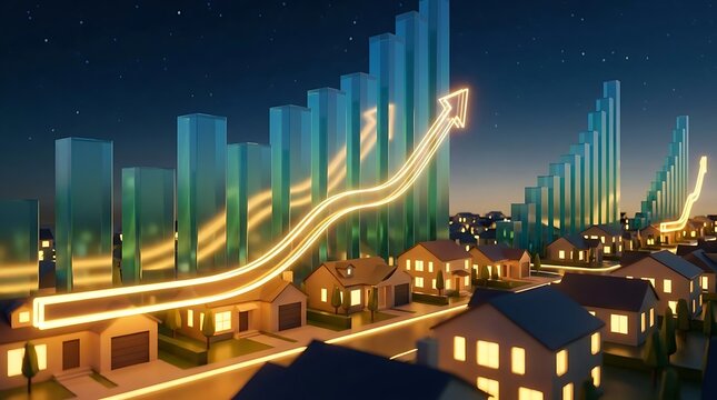Residential houses and rising economic bar chart