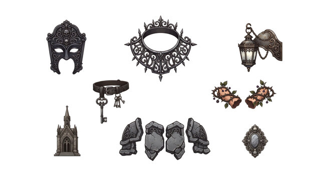 Dark fantasy costume accessories featuring gothic mask, spiked collar, wall lantern and stone armor vector design