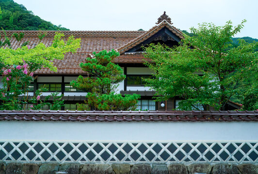 Traditional Japanese House Behind a Wall in Historic Tsuwano