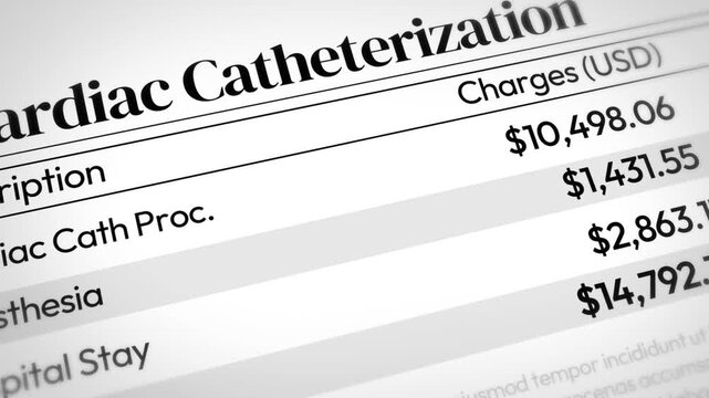 Cardiac catheterization medical expenses written on paper top view, 4k animation