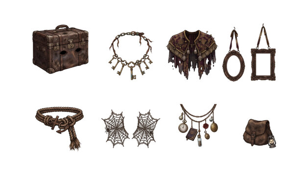 Fantasy costume accessories featuring antique trunk, key necklace, tattered cape and ornate frames vector design