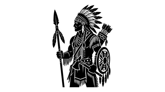 Black and white illustration of a Native American warrior standing with a spear and shield.