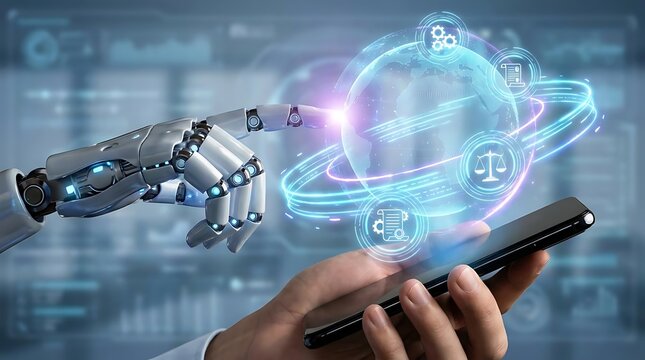 Robotic hand touching digital hologram above smartphone