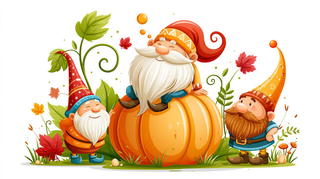 Cute cartoon adorable gnome with pumpkin, autumn on white background, flat design