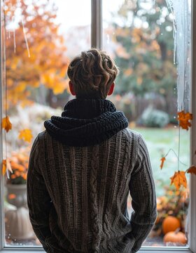 Person in Cozy Sweater and Scarf Looking Out Window at Autumn Scenery