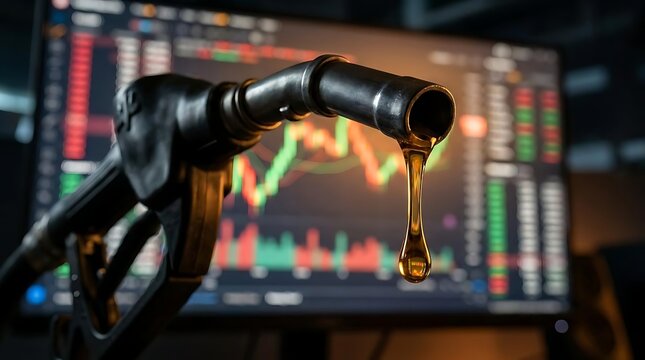 Fuel nozzle dripping oil in front of stock market chart