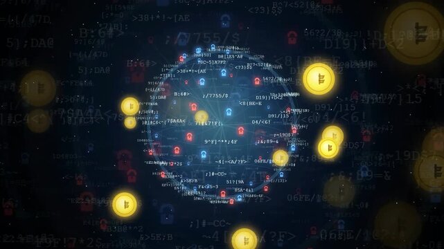 Digital Bitcoin coins floating over a complex network of binary code and data streams