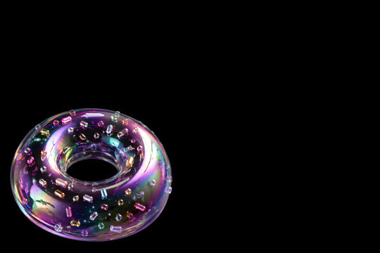 Iridescent Soap Bubble Ring Shaped Like Donut with Sprinkles on Black Background