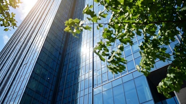 Glass skyscraper and green tree leaves