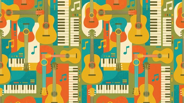 Vintage colorful seamless pattern with acoustic guitars and piano keyboards