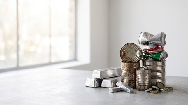 Various types of metal waste ready for recycling, including tin cans, crushed beverage containers, and ingots on a table