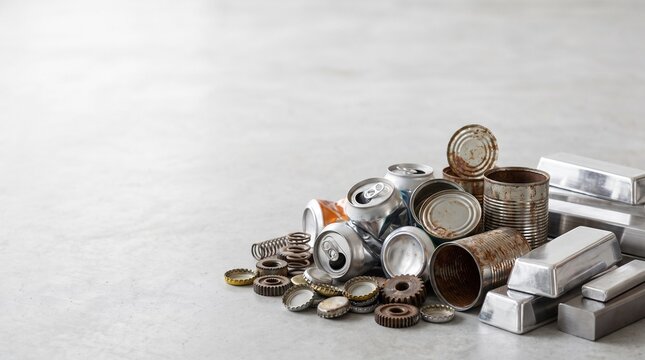 Metal waste pile, including cans and caps, next to shiny ingots, representing the essential recycling process and sustainable transformation into valuable raw materials