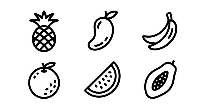Collection of Six Tropical and Common Fruit Line Art Icons