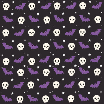 Halloween Skull Seamless Pattern with Bats
