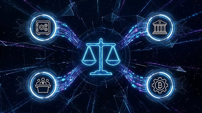 Glowing digital scales with finance and technology symbols