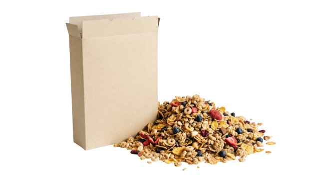 Open cardboard cereal box with granola and dried fruit isolated on transparent background