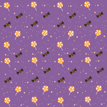 Halloween Candy Seamless Pattern with Lollipops and Bats