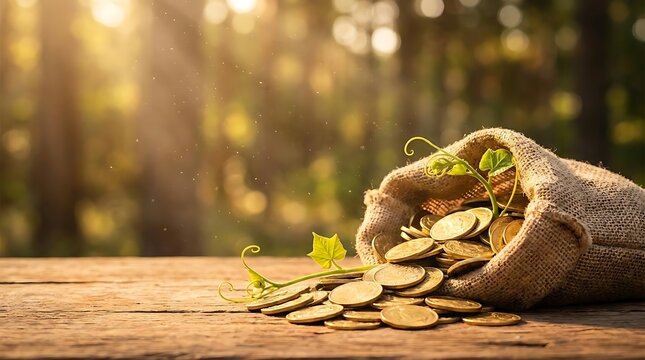 Gold coins spilling from burlap sack with growing green vine