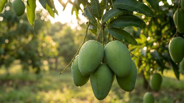 Green mango hanging on tree branch in sunlight