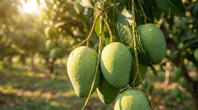 Green mango hanging from tree branch in sunlight