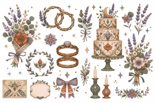 Cute Whimsical Neo Folk Wedding Botanical Clipart Set with Geometric Cake and Floral Bouquets