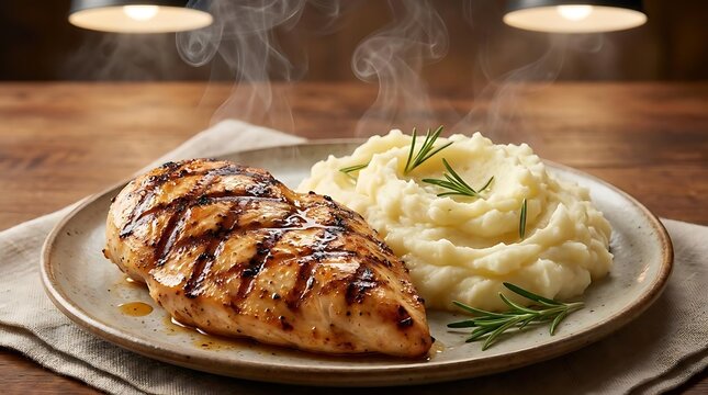 Grilled chicken breast and mashed potato with rosemary