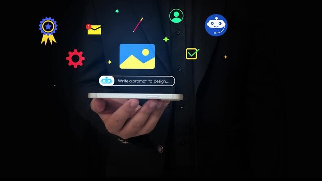Hand holding smartphone with interactive digital icons and text write a prompt to design in 4k animation.