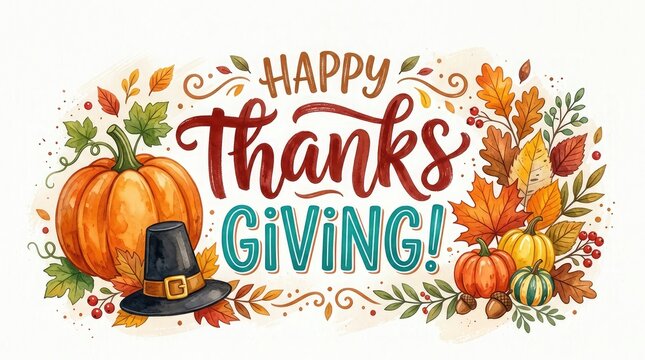 A festive watercolor illustration celebrating thanksgiving day in canada featuring vibrant autumn pumpkins and a traditional pilgrim hat for seasonal holiday greeting cards